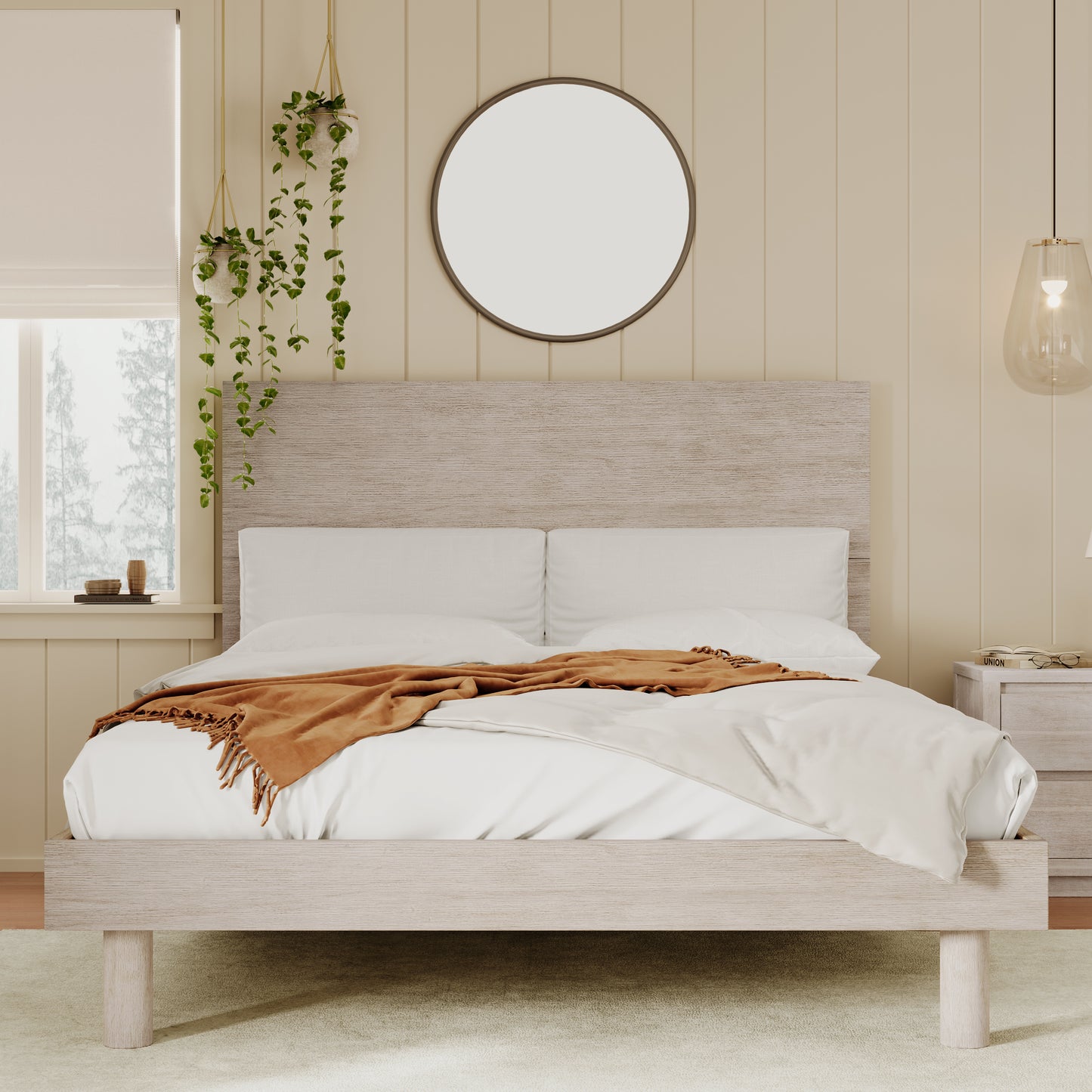 3 Pieces Modern Concise Style Bedroom Set Solid Wood Grain Platform Full Bed Frame + Nightstand +6-Drawer Dresser, Stone Gray