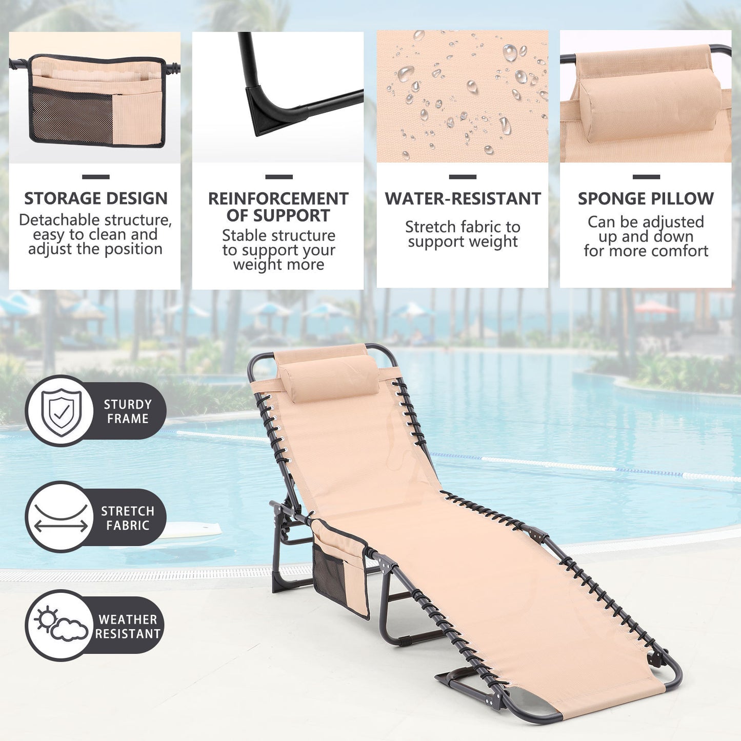 Folding Textilene Waterproof Patio Chaise Lounge Chair,Outdoor Adjustable and Reclining Tanning Chair with Pillow and Side Pocket for Lawn,Beach,Pool,Portable Camping and Sunbathing(2 Pieces,Khaki)