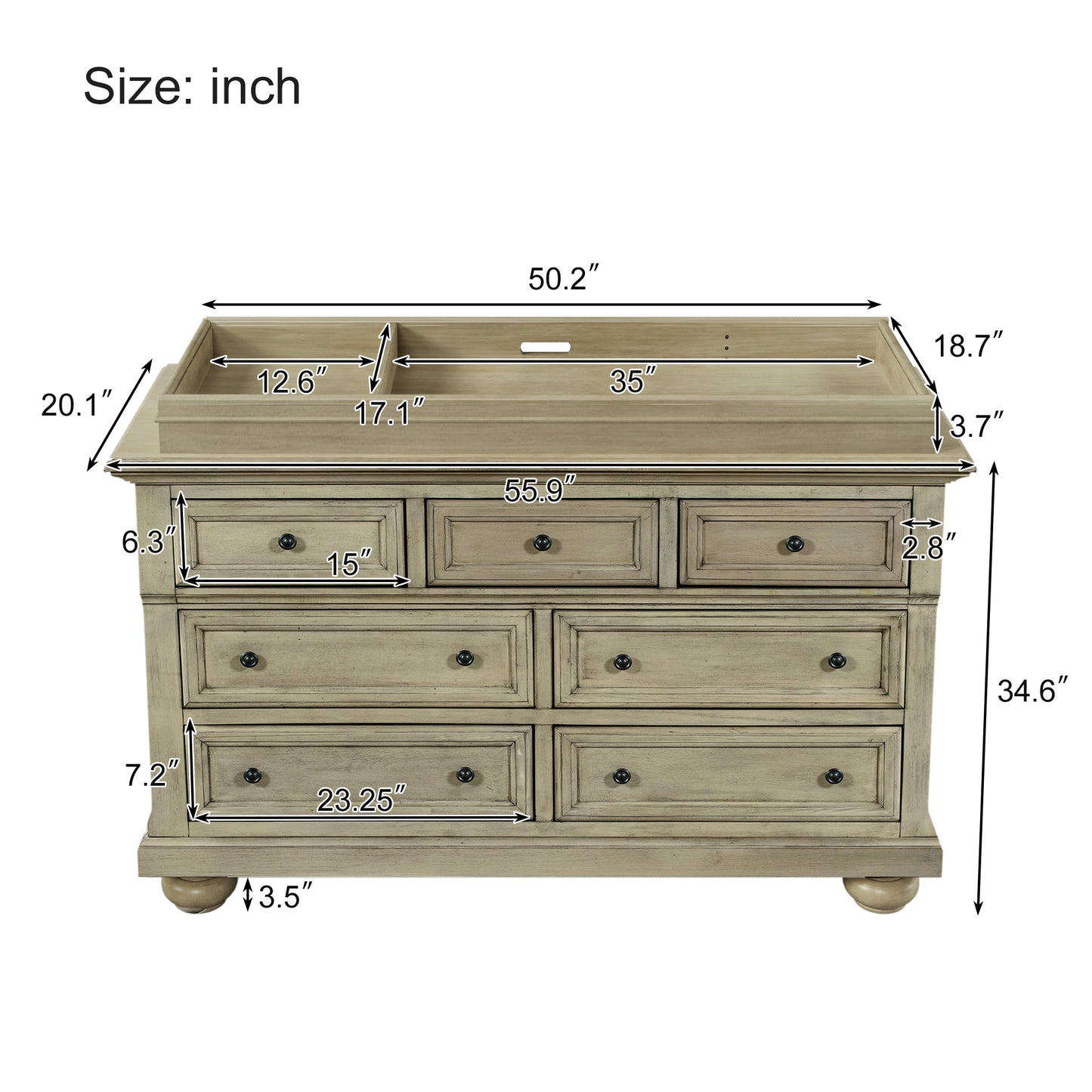 Solid Wood Seven-Drawer Dresser with Changing Topper for Nursery, Kid's Room, Bedroom, Stone Gray