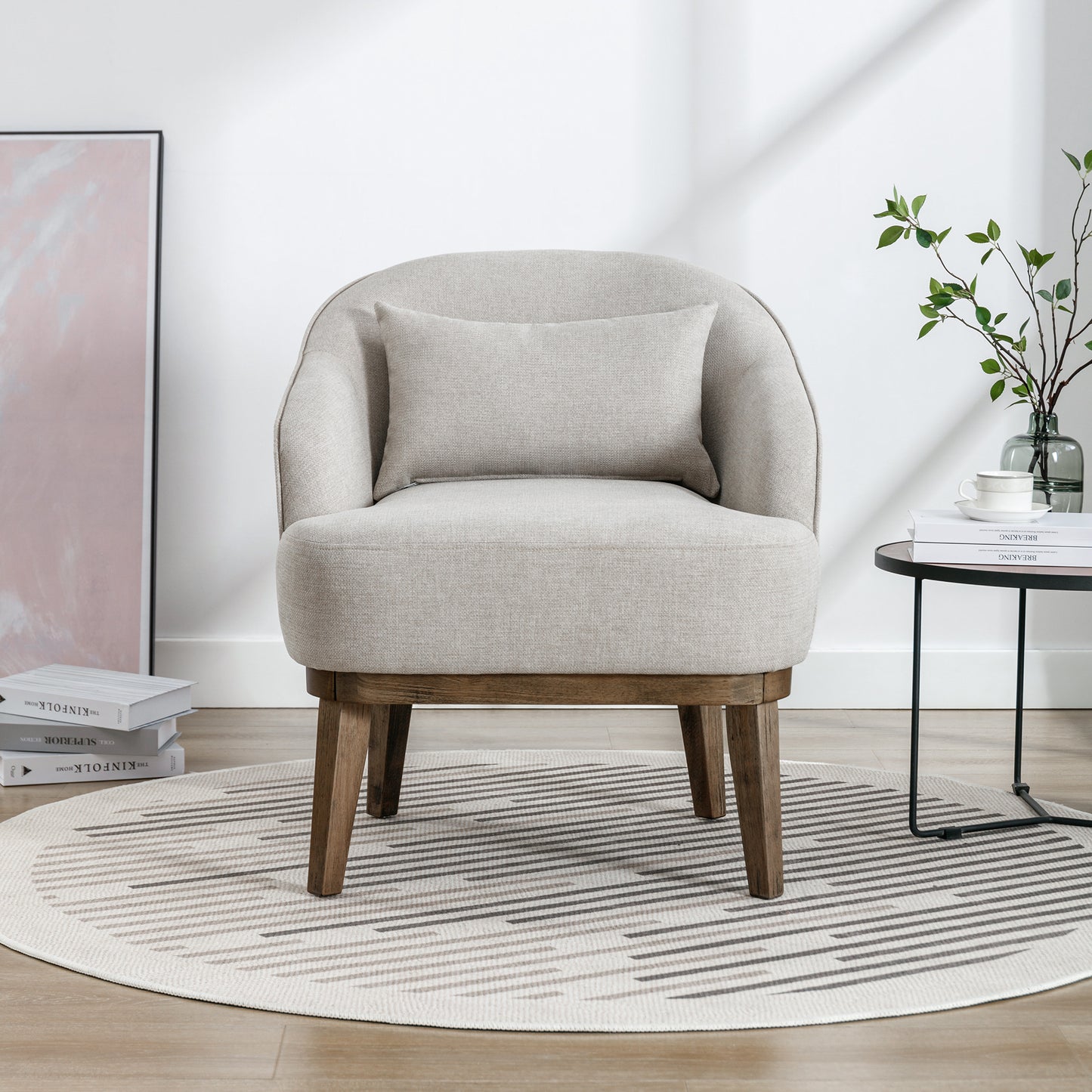 Modern Mid-Century Armchair Accent Chair with Pillow and Solid Wood leg, Beige