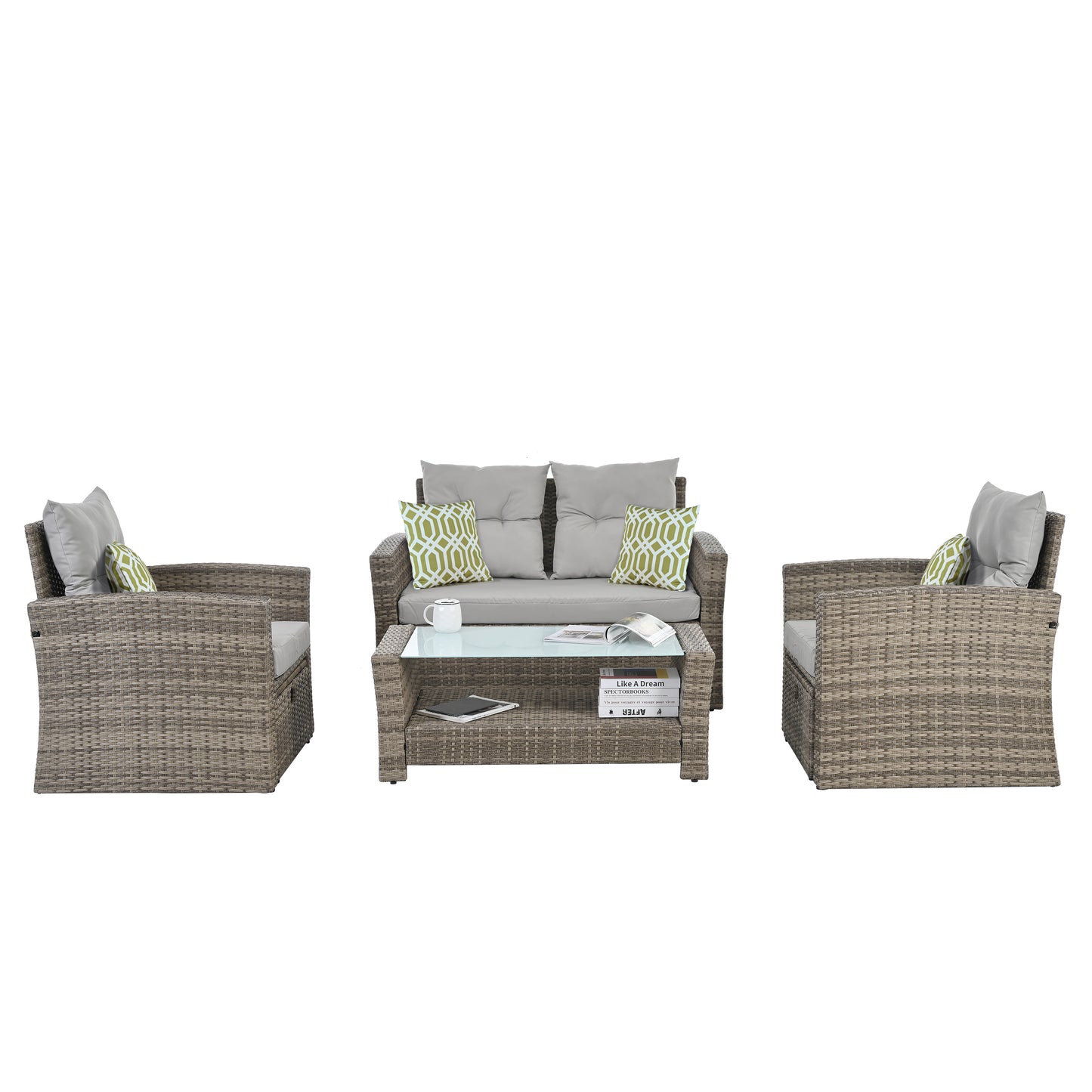 Patio Furniture, Outdoor Furniture, Seasonal PE Wicker Furniture, 6 Set Wicker Furniture With Tempered Glass Coffee Table