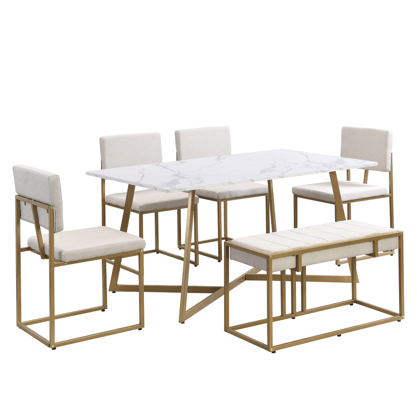 TOPMAX Modern Faux Marble 6-Piece Dining Table Set,60inch Metal Kitchen Table Set with Upholstered Dining Chairs and Bench, Golden