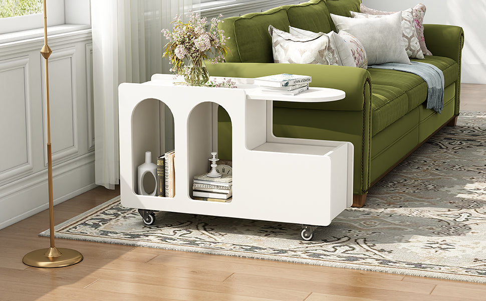 ON-TREND Mobile End Table with lockable wheels, Cream Style Side Table with Storage Drawer, 11.8inch Narrow Nightstand with Multi-layer Storage, Living Room, White