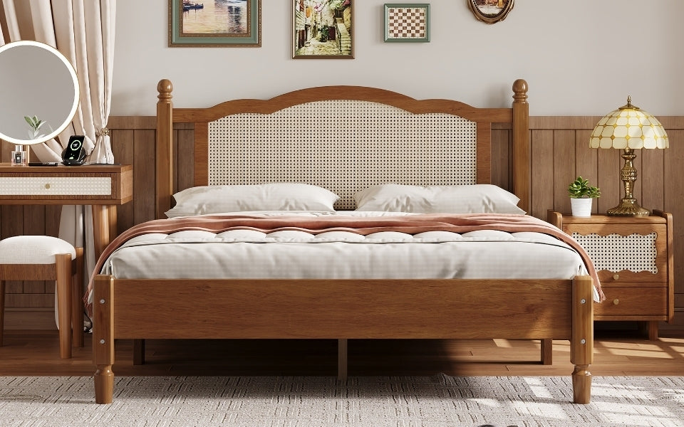 Queen Size Wooden Platform Bed with Natural Rattan Headboard, Vintage Bed Frame with Wooden Slat Support, Walnut (Expected Arrival Time: 08.23)