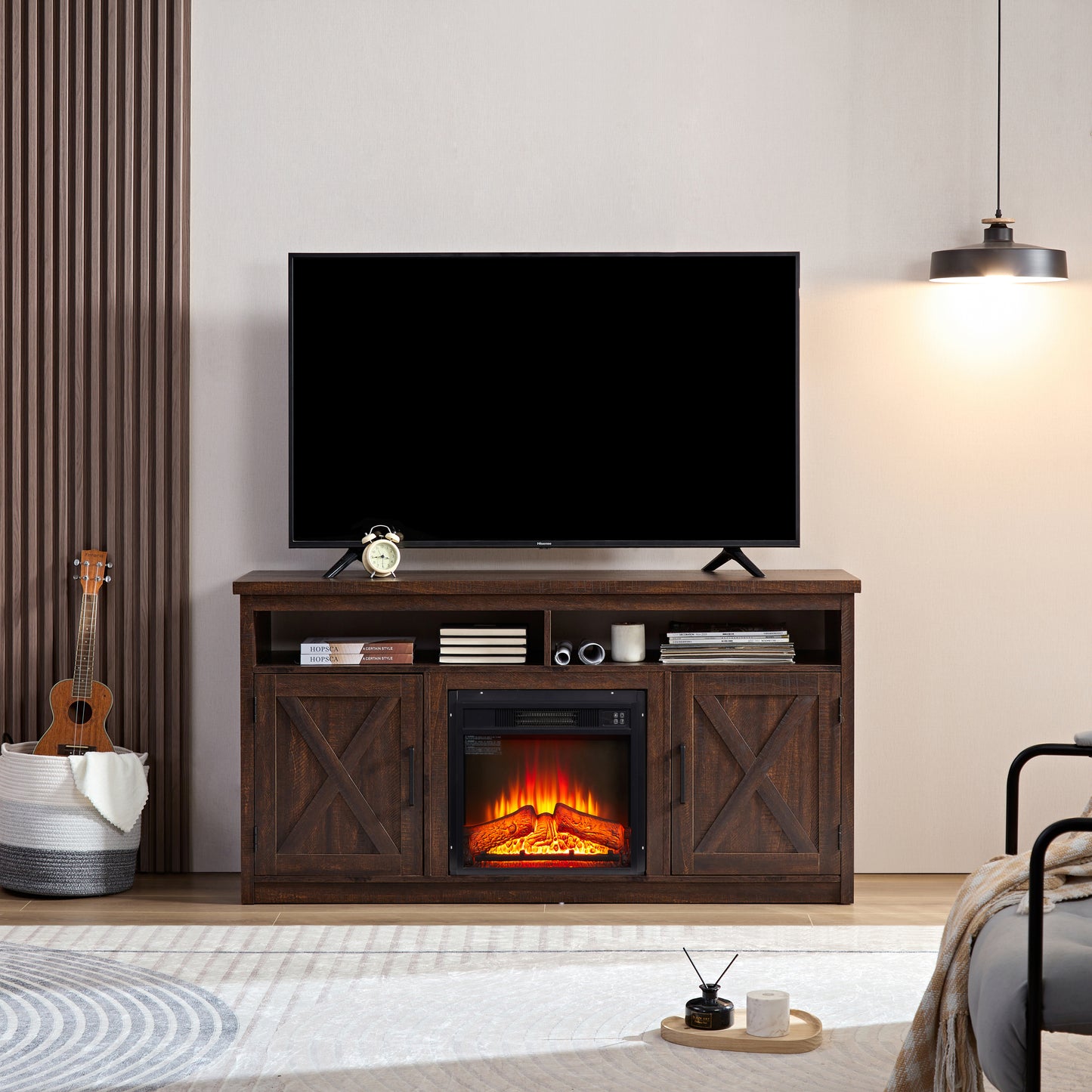 Farmhouse TV Media Stand, Large Barn Inspired Home Entertainment Console, with 18" Fireplace Insert, for TV Up to 65'', with Open Shelves and Closed Cabinets, Espresso 57.87*15.75*30.31