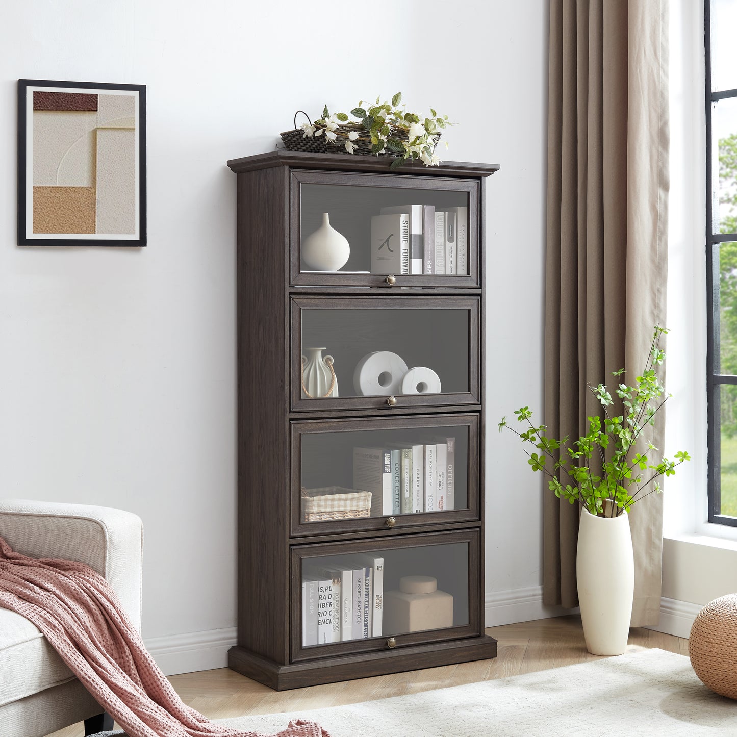 Glass display cabinet 4 Tier Glass Display Cabinet Storage Curio Cabinet with Flip up Glass Doors, Collectors Showcase Toy Figure Organizers Rack, Bookcase for Living Room BRO