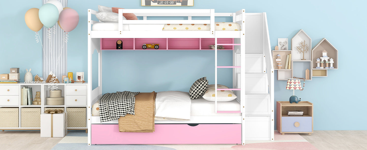 Full Over Full Bunk Bed with Trundle ,Stairs,Ladders Solid Wood Bunk bed with Storage Cabinet (White + Pink)