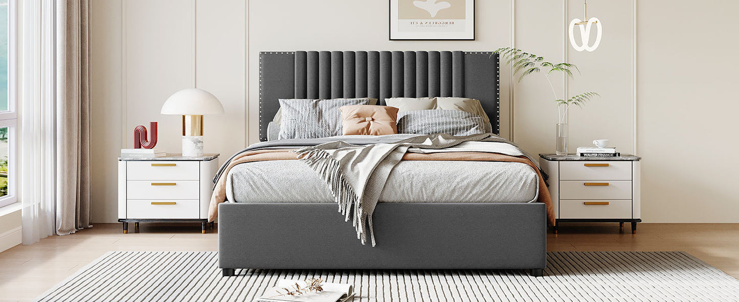 Full Size Upholstered Platform Bed with Classic Headboard and 4 Drawers, Linen Fabric, Gray
