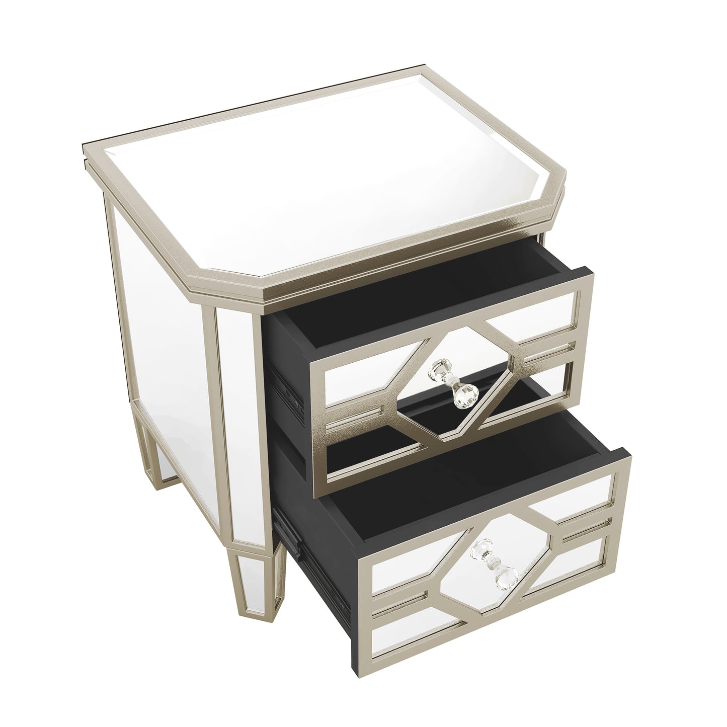 Elegant Mirrored 2-Drawer Side Table with Golden Lines for Living Room, Hallway, Entryway