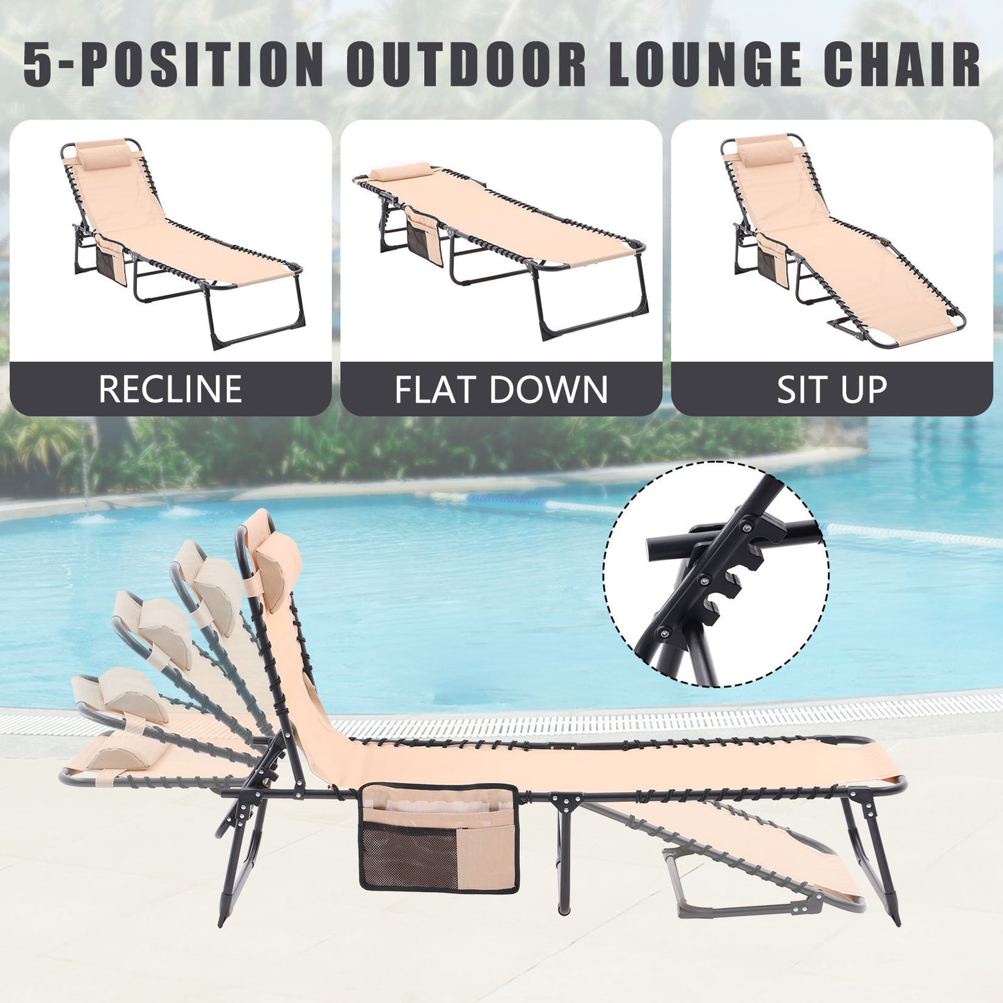 Folding Textilene Waterproof Patio Chaise Lounge Chair,Outdoor Adjustable and Reclining Tanning Chair with Pillow and Side Pocket for Lawn,Beach,Pool,Portable Camping and Sunbathing(2 Pieces,Khaki)