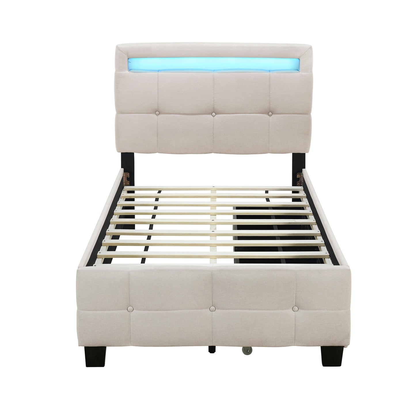 Twin Size Upholstered Platform Bed with LED Frame and 2 Drawers, Linen Fabric, Beige