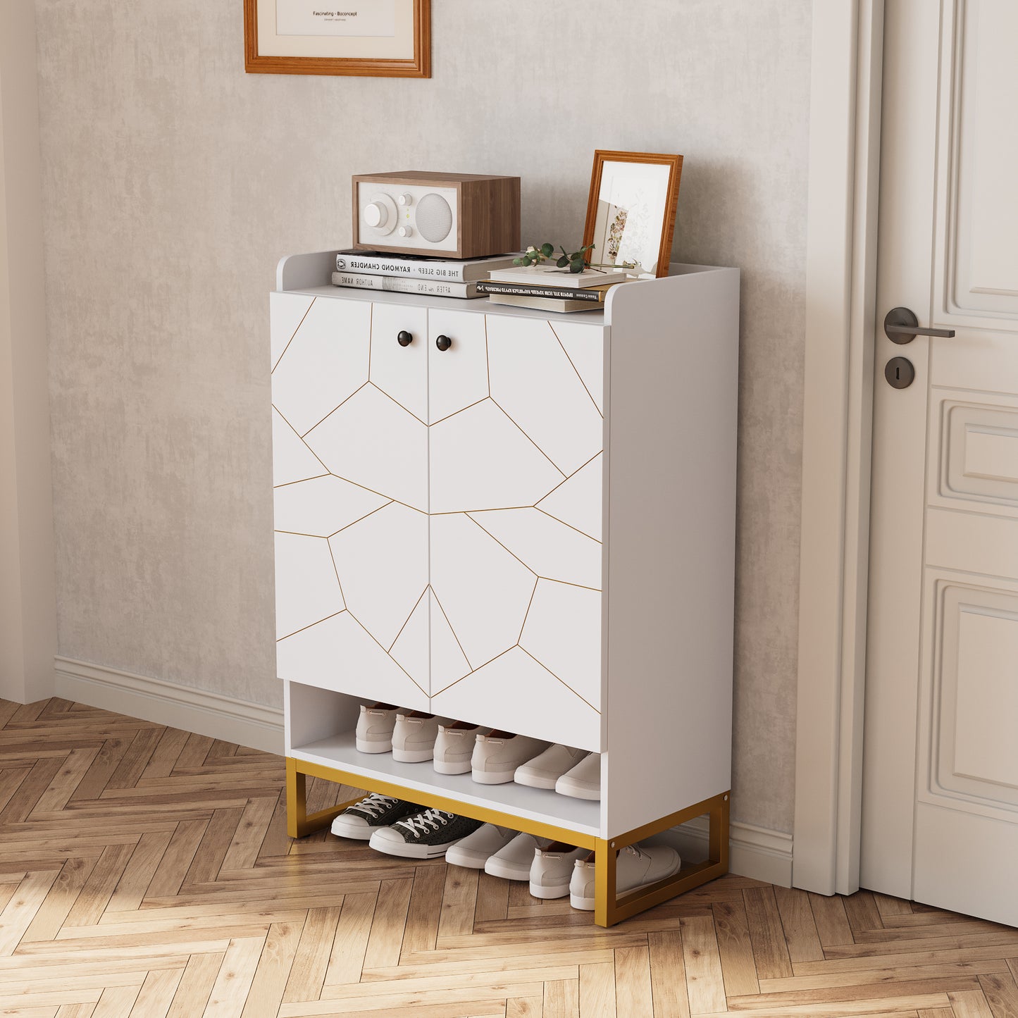 Shoe Cabinet with Doors, White Gold 6-Tiers Shoe Storage Cabinet for Entryway, Modern Free Standing Shoe Cabinet Storage Organizer for Living Room, Bedroom,Closet