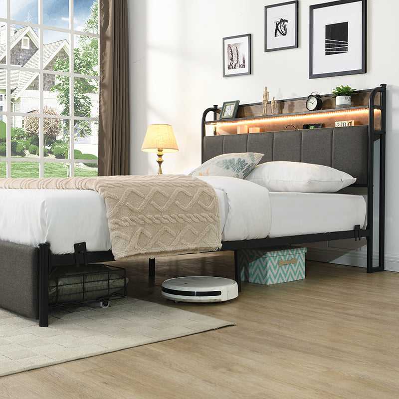 Queen Bed Frame, Storage Headboard with Charging Station, Solid and Stable, Noise Free, No Box Spring Needed, Easy Assembly