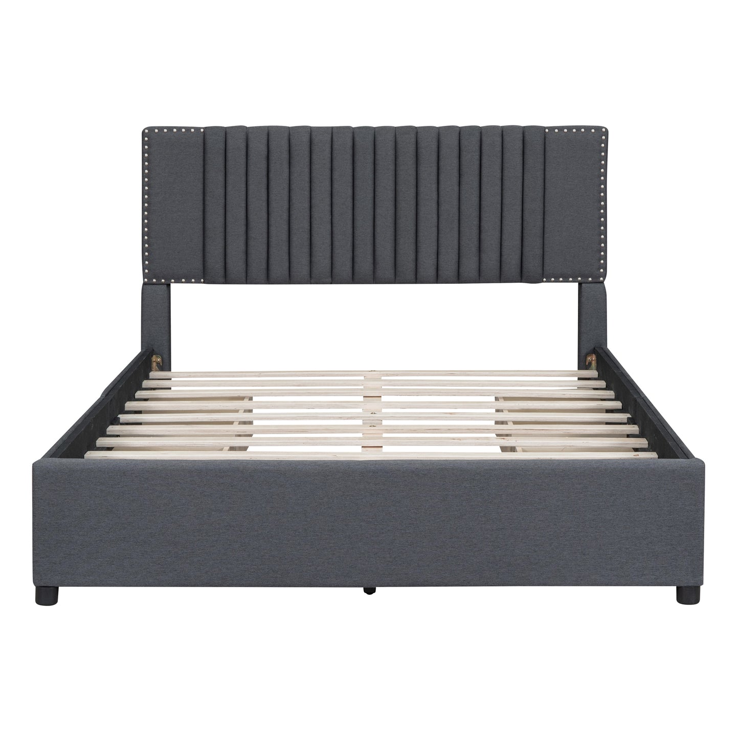 Queen Size Upholstered Platform Bed with Classic Headboard and 4 Drawers, Linen Fabric, Gray