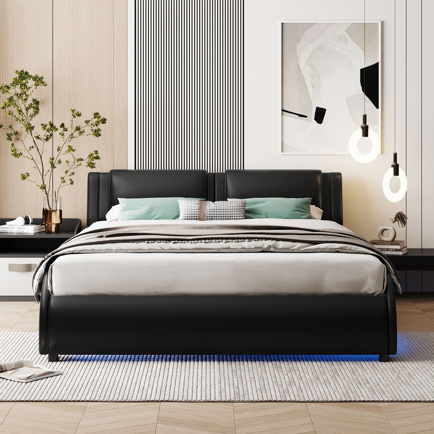 Full Size Upholstered Faux Leather Platform Bed with LED Light Bed Frame with Slatted - Black