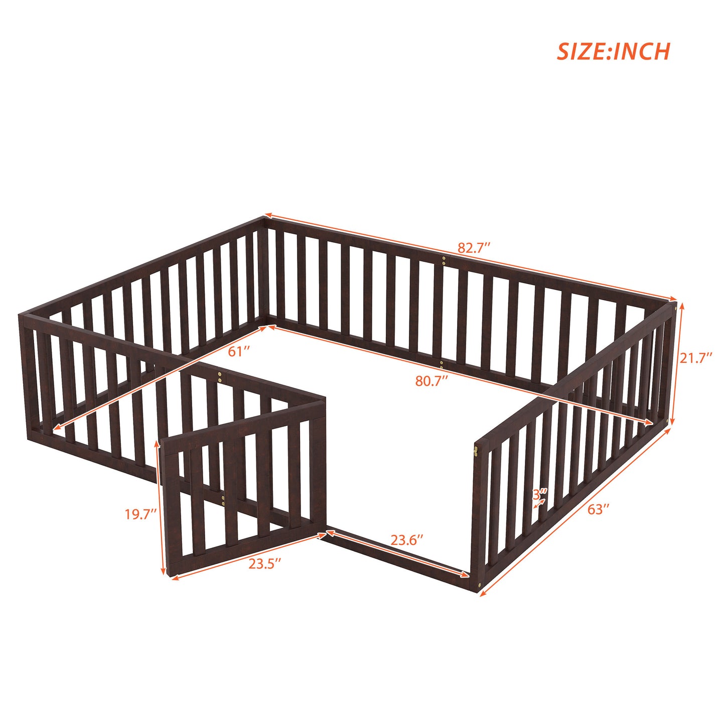 Queen Size Wood Floor Bed Frame with Fence and Door, Walnut(OLD SKU:WF289663AAL)