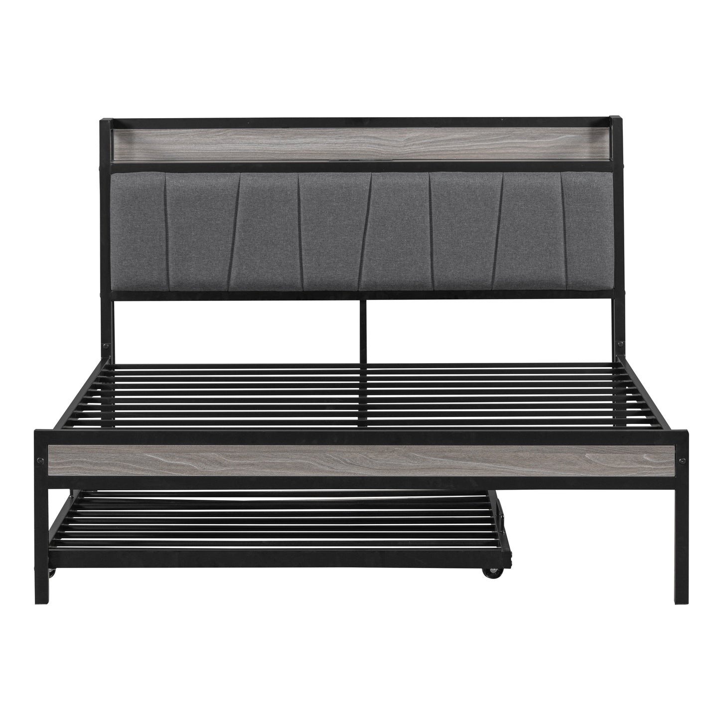 Full Size Metal Platform Bed Frame with Twin size trundle, Upholstered headboard, Sockets, USB Ports and Slat Support, No Box Spring Needed, Black