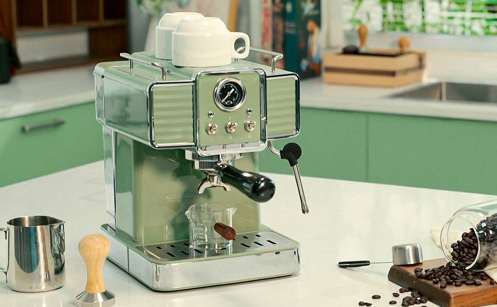 15 Bar Espresso Coffee Machine with Milk Frother Steam Wand, 1350W Professional Coffee Maker, 54 Oz Removable Water Tank Espresso Maker Cappuccino, Latte, Machiato, Green, For Home Barista