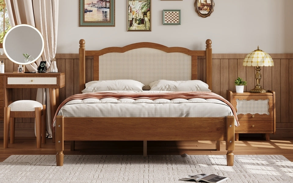 Full Size Wooden Platform Bed with Natural Rattan Headboard, Vintage Bed Frame with Wooden Slat Support, Walnut (Expected Arrival Time: 08.23)
