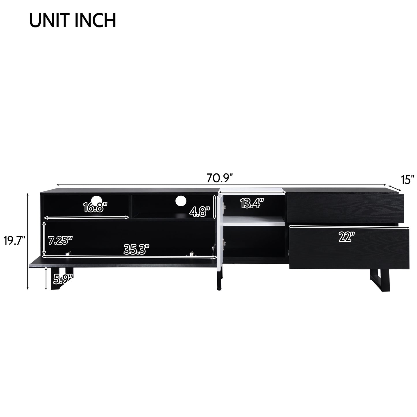 Modern TV Stand for 80'' TV with Double Storage Space, Media Console Table, Entertainment Center with Drop Down Door for Living Room, Bedroom, Home Theatre