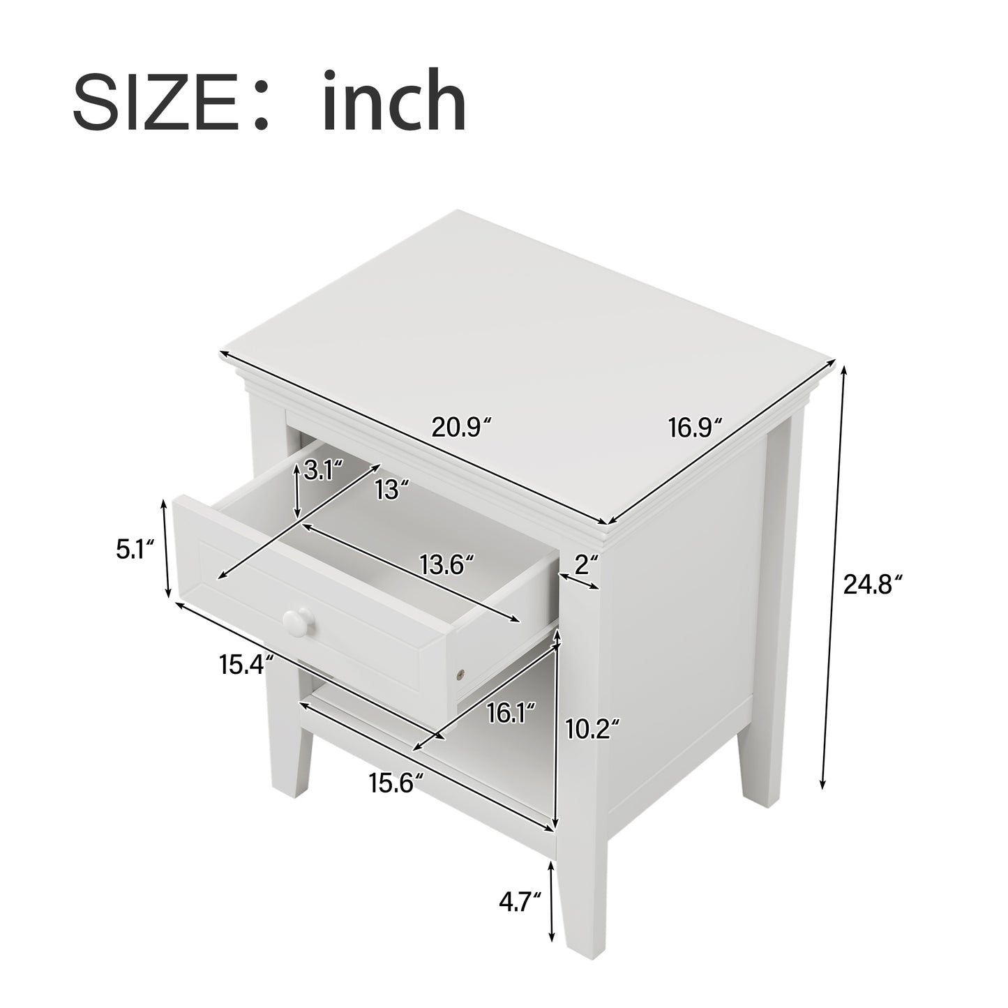 4 Pieces Traditional Concise Style White Bedroom Sets, Nightstand+ Dresser+ Mirror+King Bed