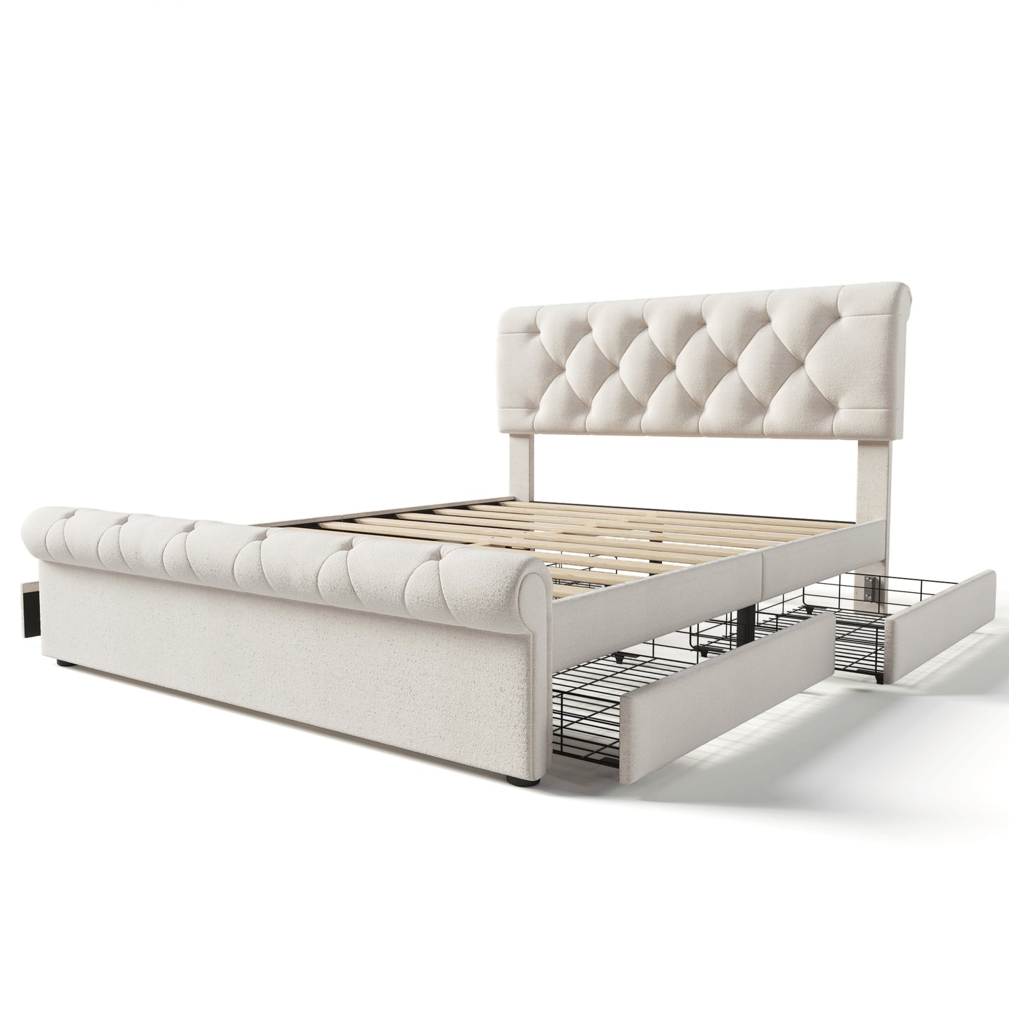 Queen size Upholstered Platform bed with Four Drawers, Antique Curved Headboard, Linen Fabric, Beige (without mattress)