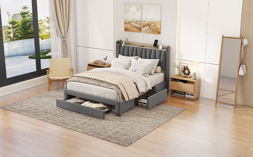 Queen Size Bed Frame with Storage Headboard and Charging Station, Upholstered Platform Bed with 3 Drawers, No Box Spring Needed, Dark Gray