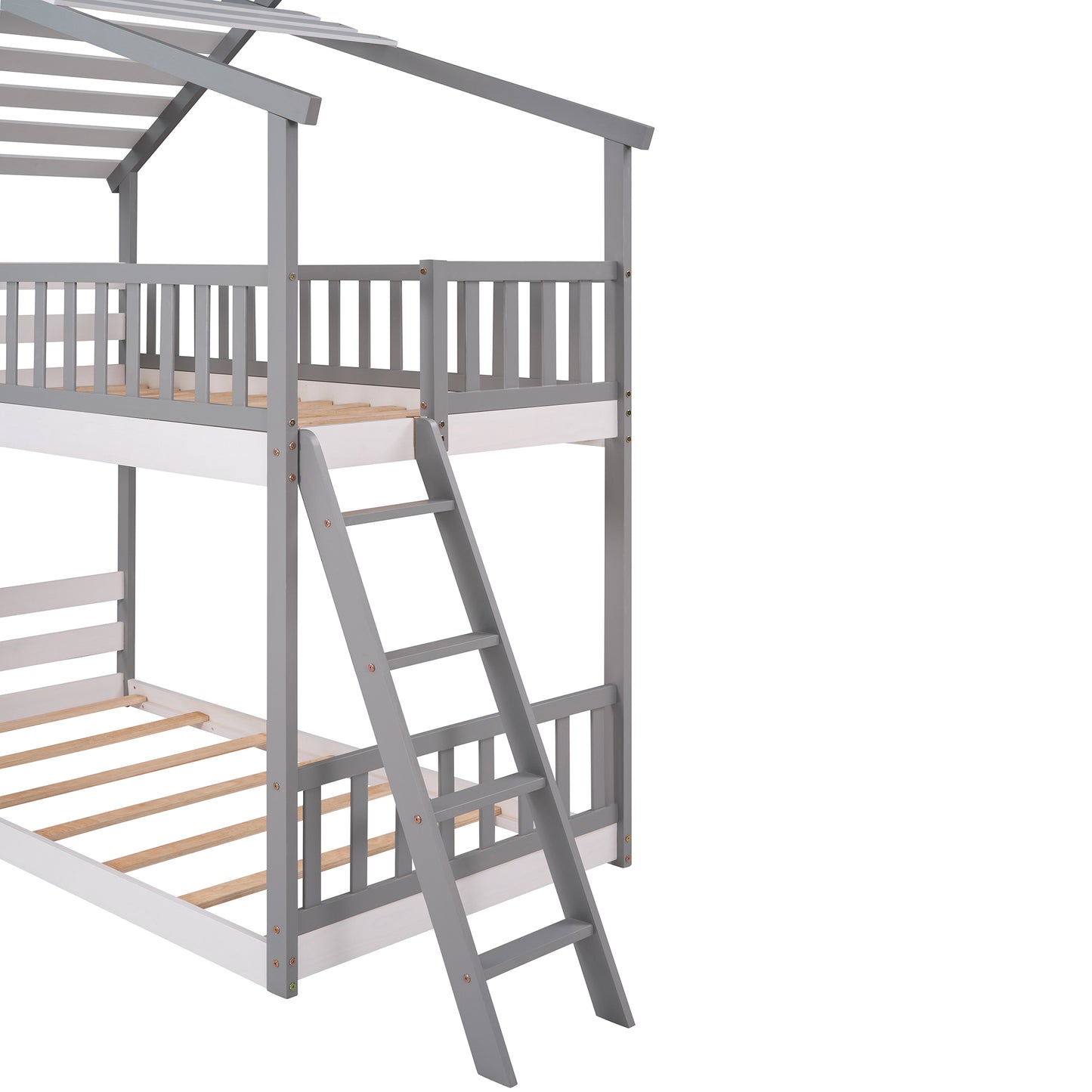Twin Over Twin Bunk Bed Wood Bed with Roof, Window, Ladder ( Gray)(OLD SKU :LP000008AAE)