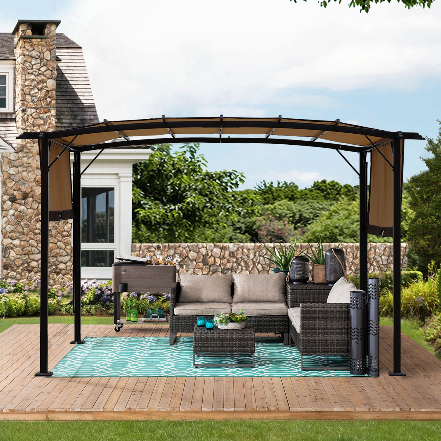 12 x 9 Ft Outdoor Pergola Patio Gazebo,Retractable Shade Canopy,Steel  Frame Grape Gazebo,Sunshelter Pergola for Gardens,Terraces,Backyard-Beige Same as W419S00017