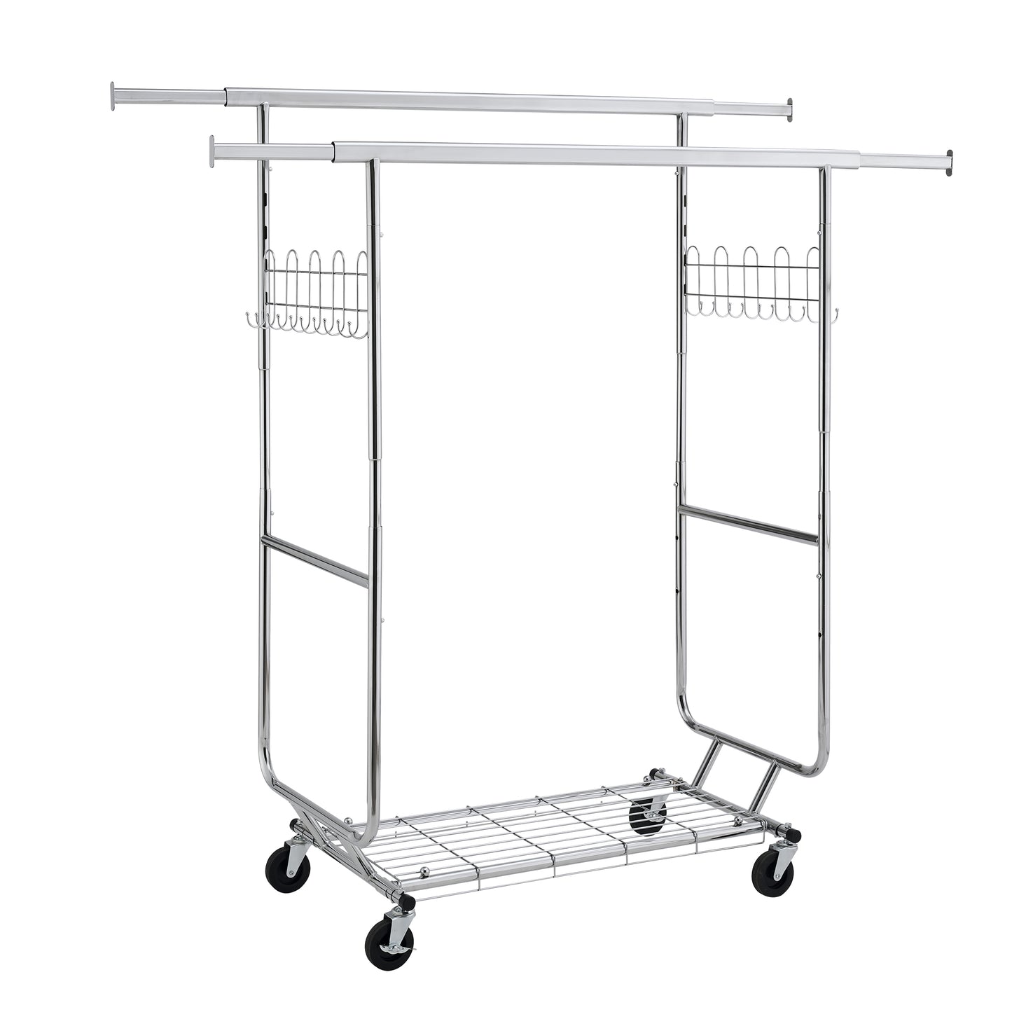 Double Clothing Garment Rack with Shelves Capacity 800lbs Clothing Racks on Wheels Rolling Clothes Rack for Hanging Clothes Heavy Duty Portable Collapsible Commercial Garment Rack