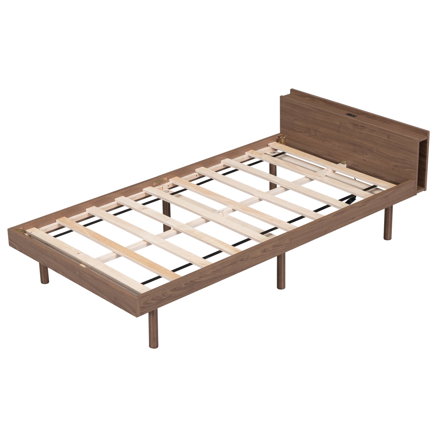 Modern Design Twin Size Platform Bed Frame with Headboard for Walnut Color