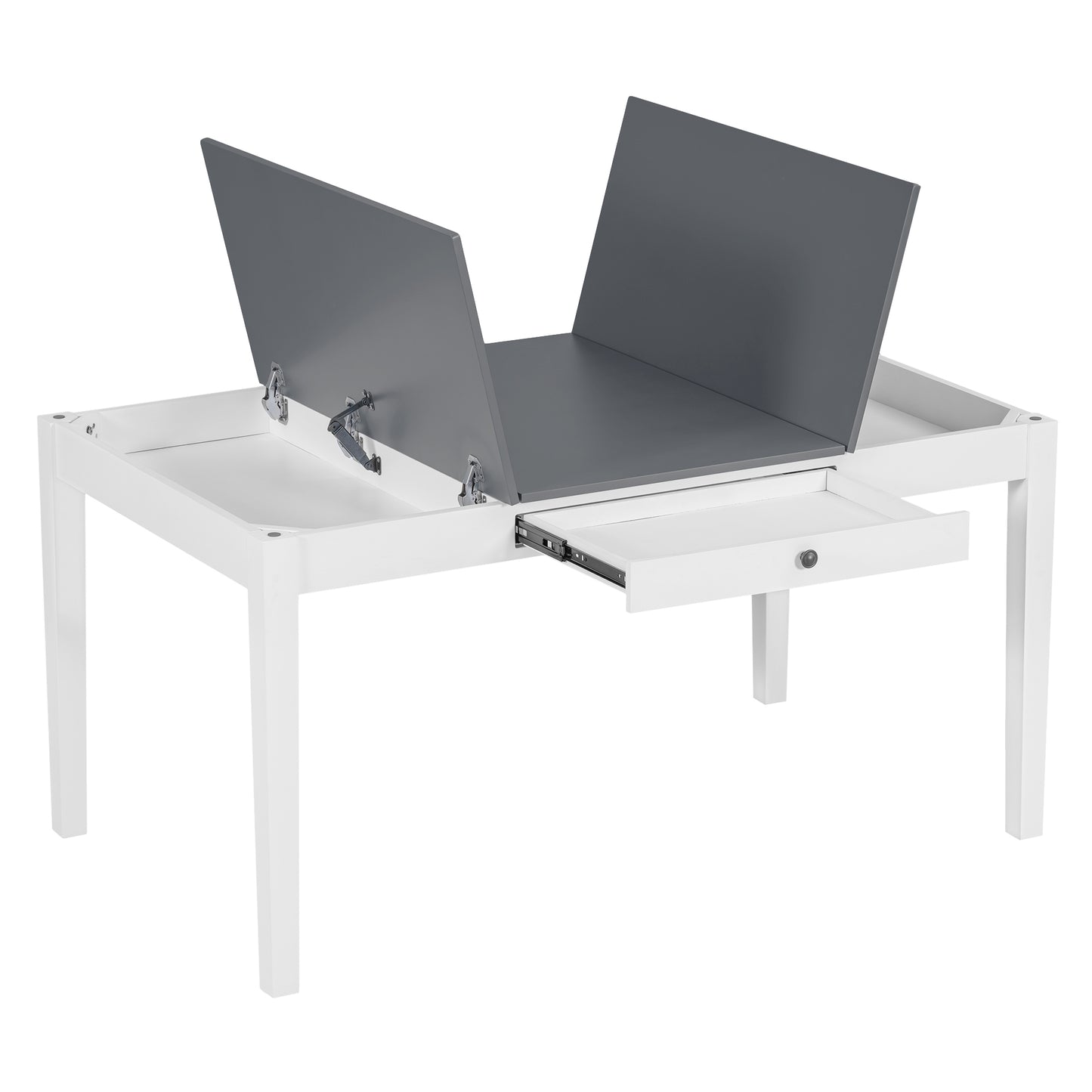 TOPMAX Farmhouse 6-Piece Dining Table Set with Storage Table, Kitchen Table Set with Drawer, Storable Bench and Upholstered Dining Chairs, White+Gray