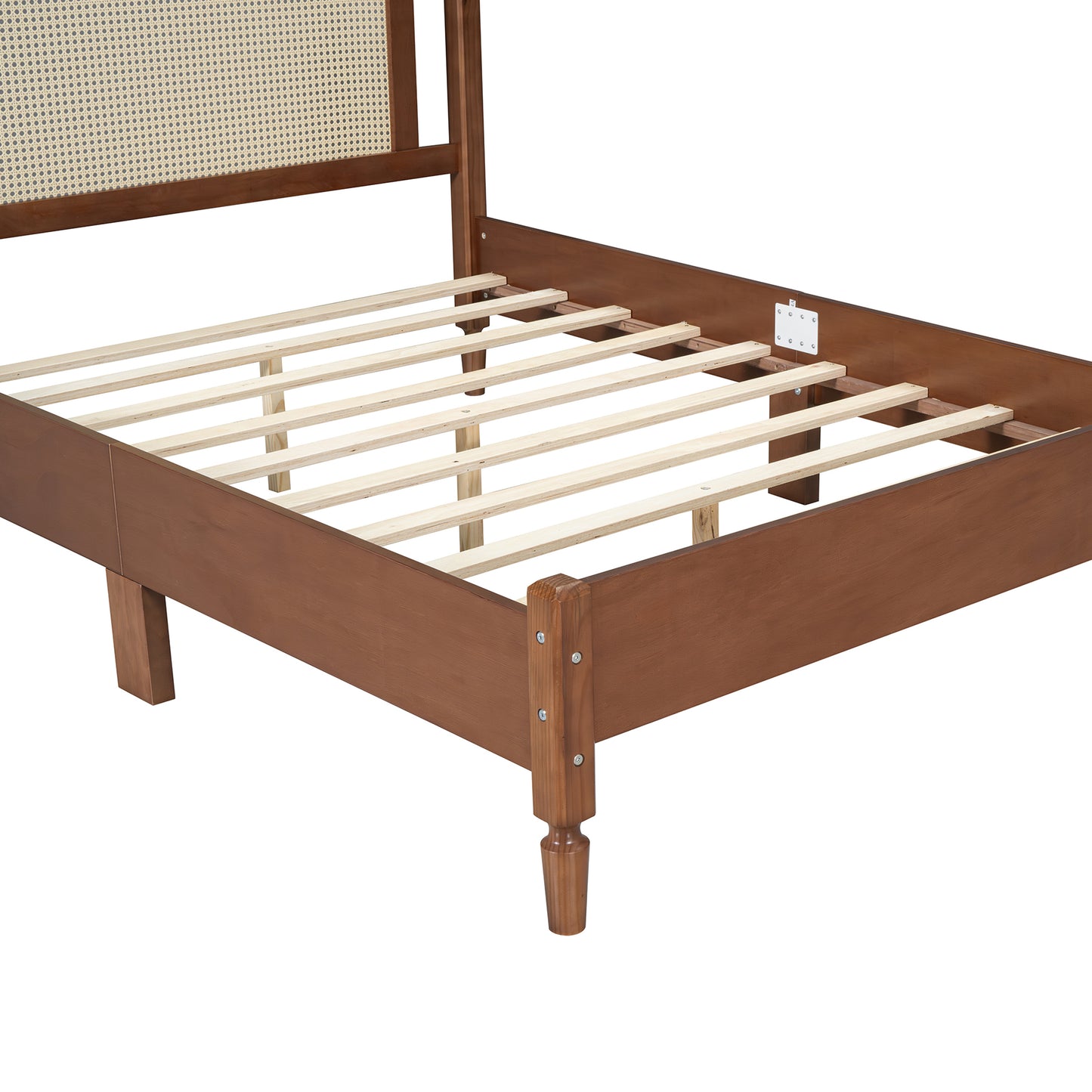 Full Size Wooden Platform Bed with Natural Rattan Headboard, Vintage Bed Frame with Wooden Slat Support, Walnut (Expected Arrival Time: 08.23)