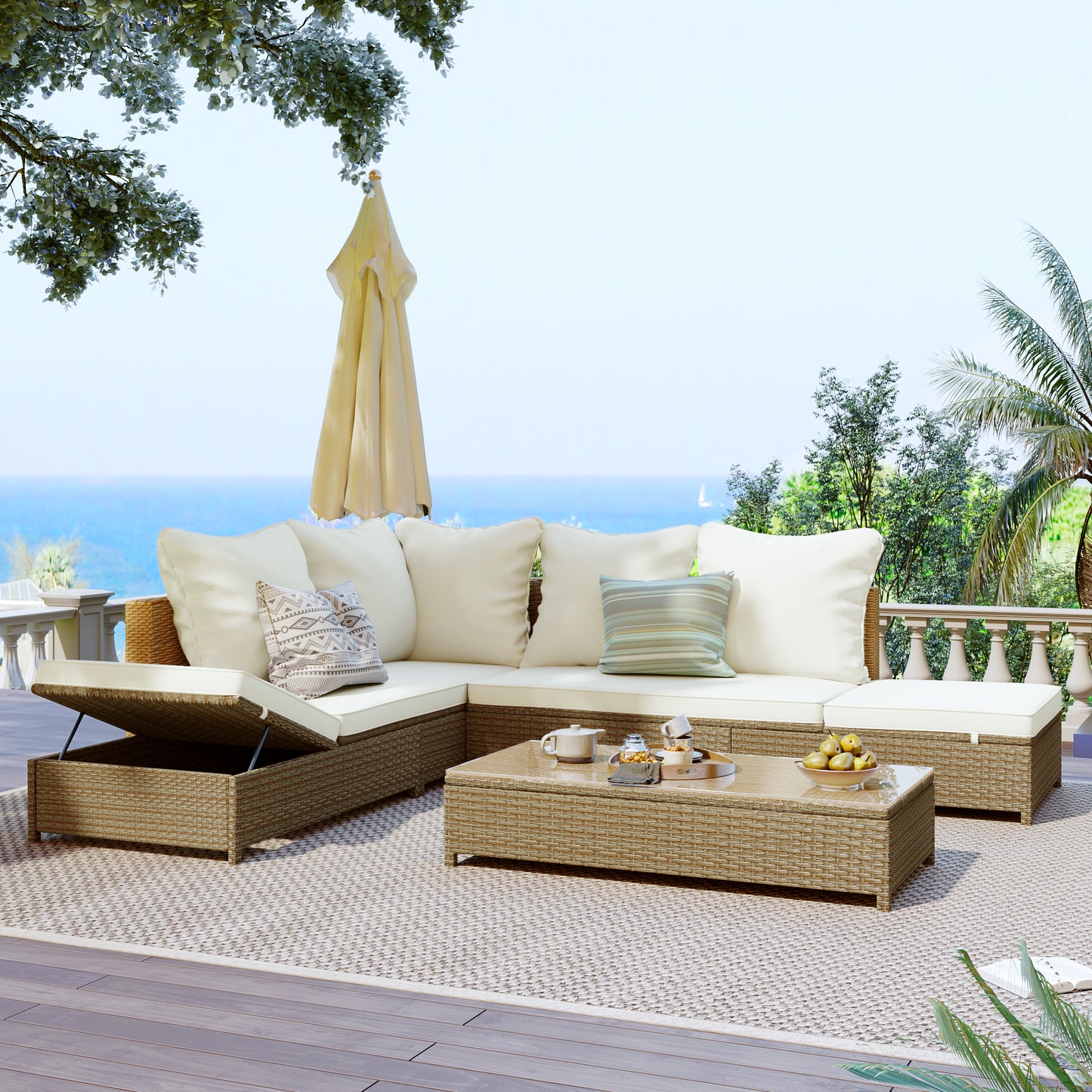 TOPMAX Patio 3-Piece Rattan Sofa Set All Weather PE Wicker Sectional Set with Adjustable Chaise Lounge Frame and Tempered Glass Table, Natural Brown