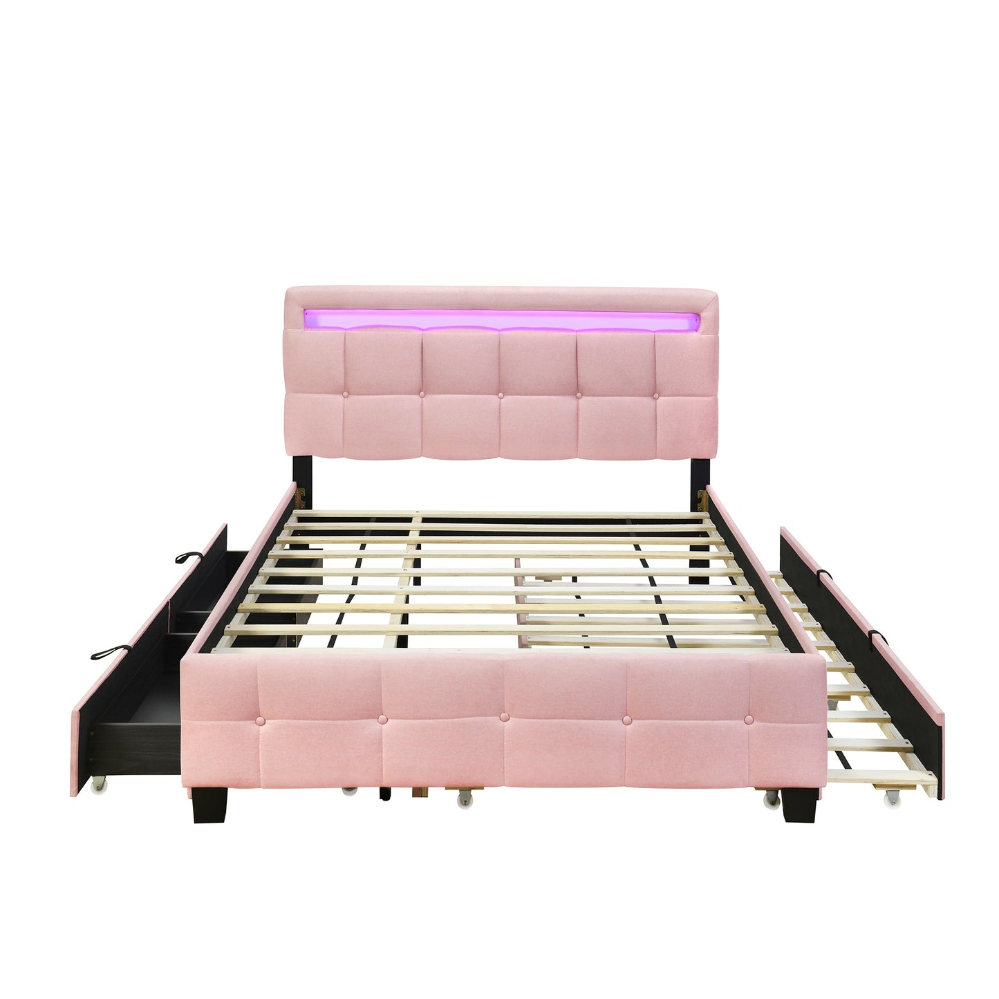 Queen Size Upholstered Platform Bed with LED Frame, with Twin XL Size Trundle and 2 drawers, Linen Fabric, Pink