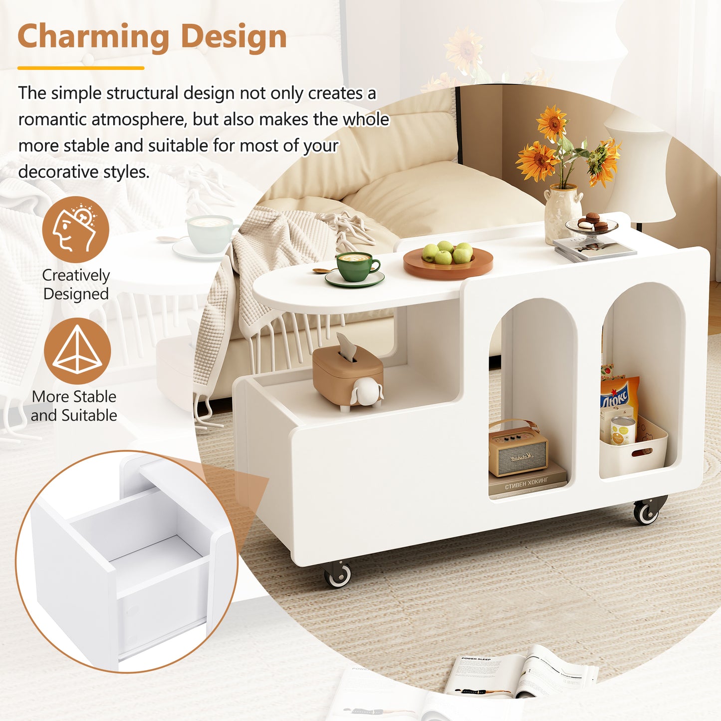 ON-TREND Mobile End Table with lockable wheels, Cream Style Side Table with Storage Drawer, 11.8inch Narrow Nightstand with Multi-layer Storage, Living Room, White