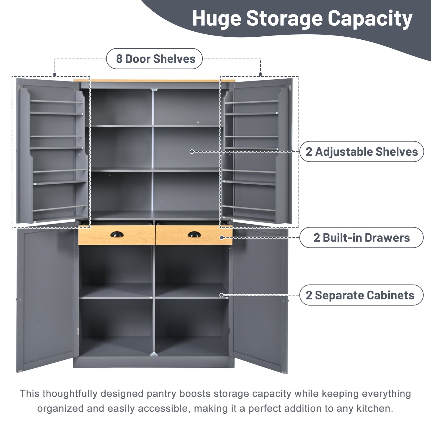 [Assembly Video Provided]TOPMAX 40.2x20x71.3inch High Freestanding Kitchen Pantry Large Cupboard Storage Cabinet with 2 Drawers, 2 Adjustable Shelves, 8 Door Shelves for Kitchen, Dining Room,Gray