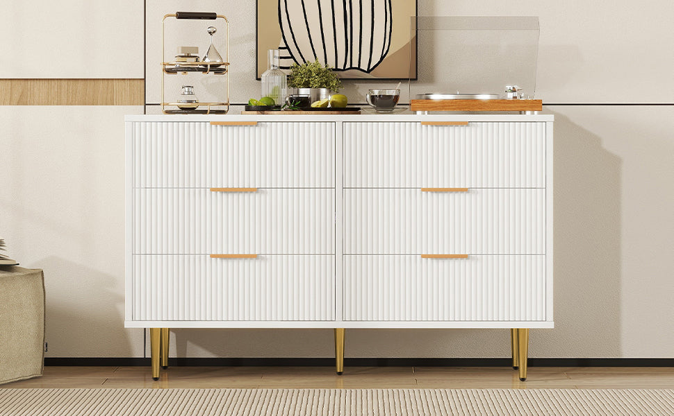 6 Drawer Dresser with Metal Leg and Handle for Bedroom, Storage Cabinet with Vertical Stripe Finish Drawer, White