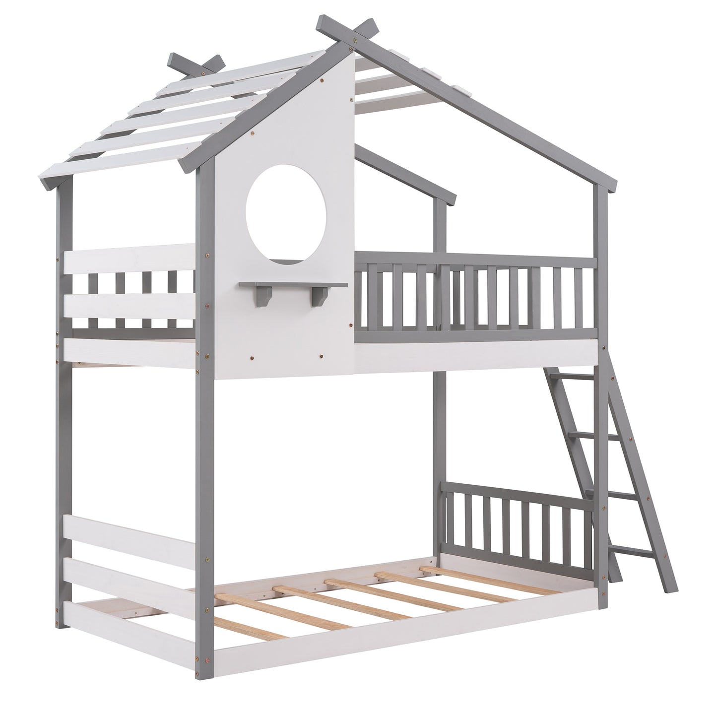 Twin Over Twin Bunk Bed Wood Bed with Roof, Window, Ladder ( Gray)(OLD SKU :LP000008AAE)
