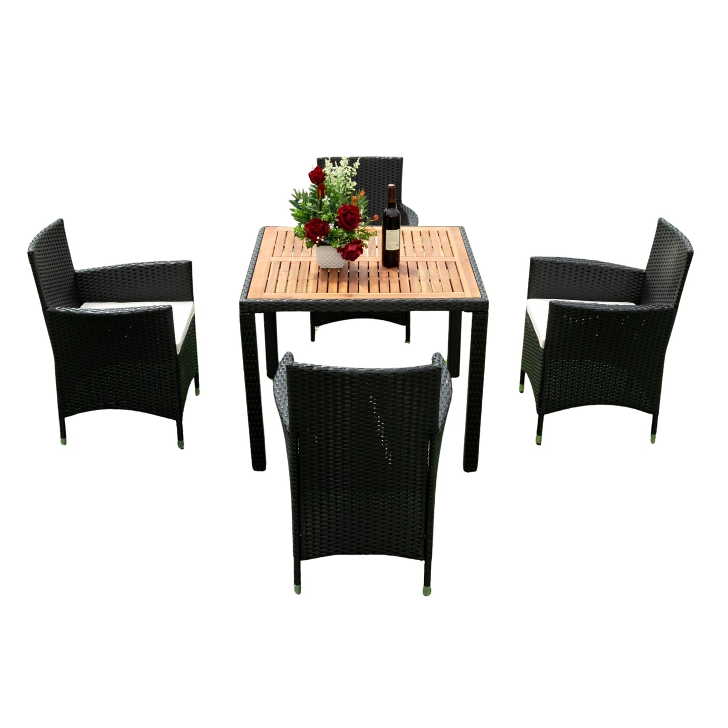 EELIFEE 5 piece Outdoor Patio Wicker Dining Set Patio Wicker Furniture Dining Set w/Acacia Wood Top Black Wicker + Creme Cushion