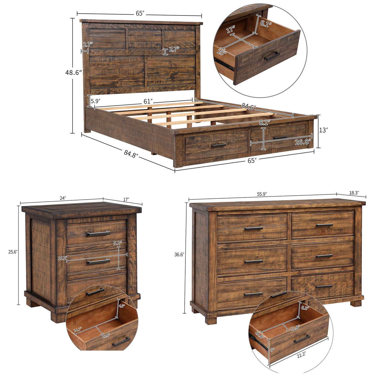 Rustic Reclaimed Solid Wood Framhouse 3 Pieces Storage Queen Bedroom Sets,new