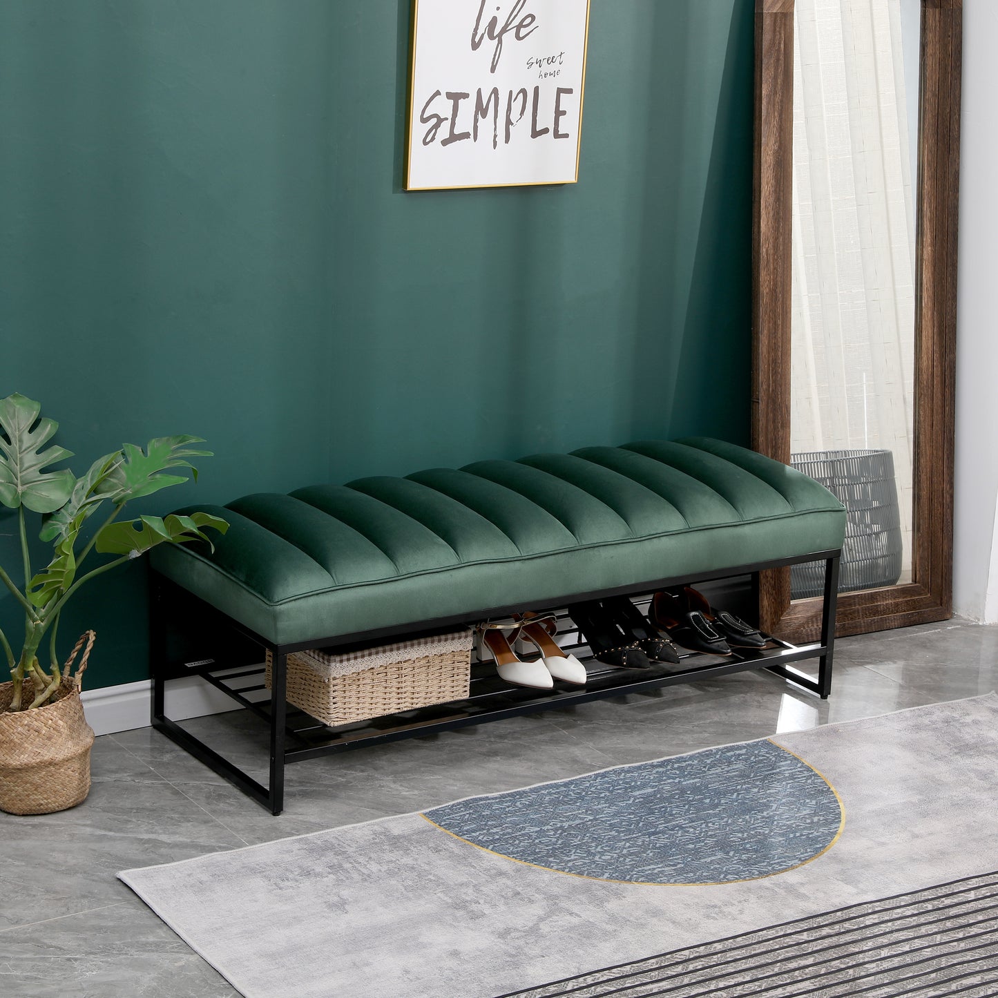 Green Velvet Channel Tufted Ottoman Bench Accent Upholstered Bendroom End of Bed Bench with Storage Shelf (Green)
