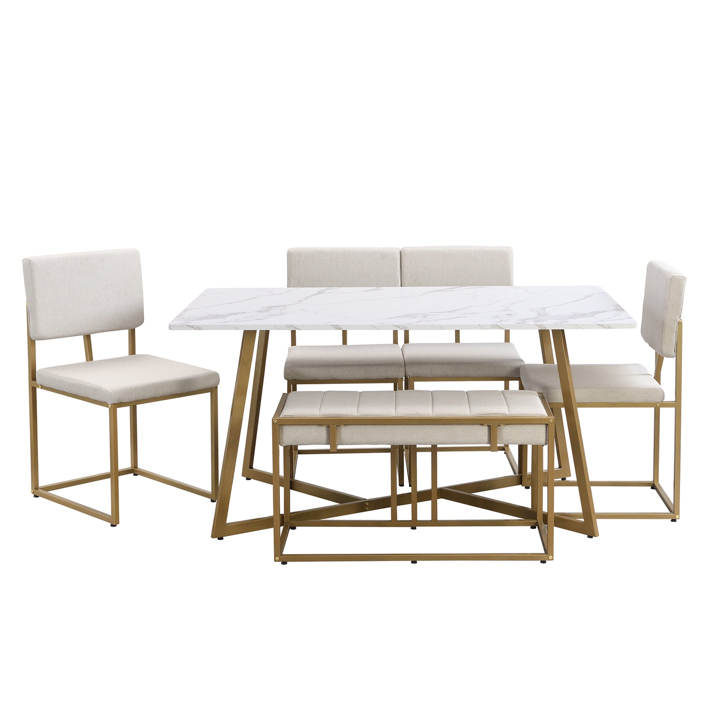 TOPMAX Modern Faux Marble 6-Piece Dining Table Set,60inch Metal Kitchen Table Set with Upholstered Dining Chairs and Bench, Golden