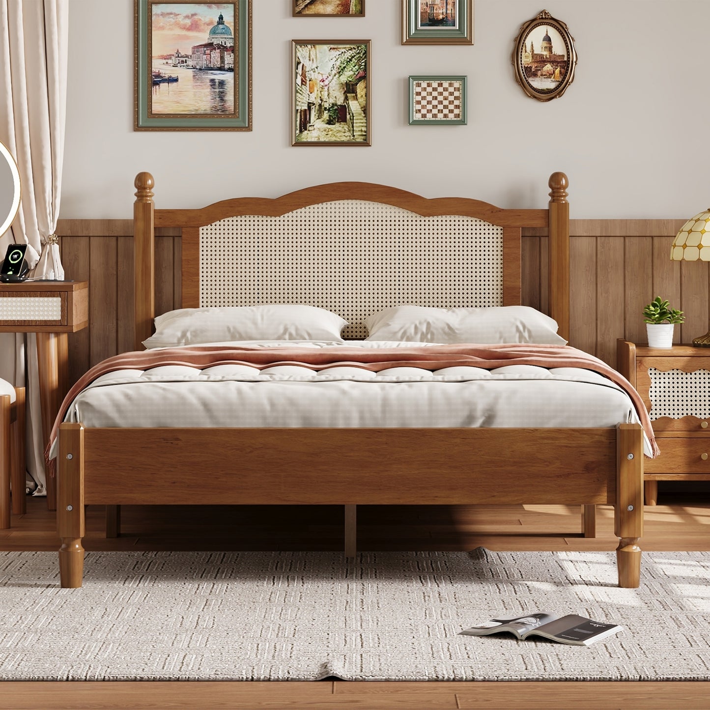Full Size Wooden Platform Bed with Natural Rattan Headboard, Vintage Bed Frame with Wooden Slat Support, Walnut (Expected Arrival Time: 08.23)