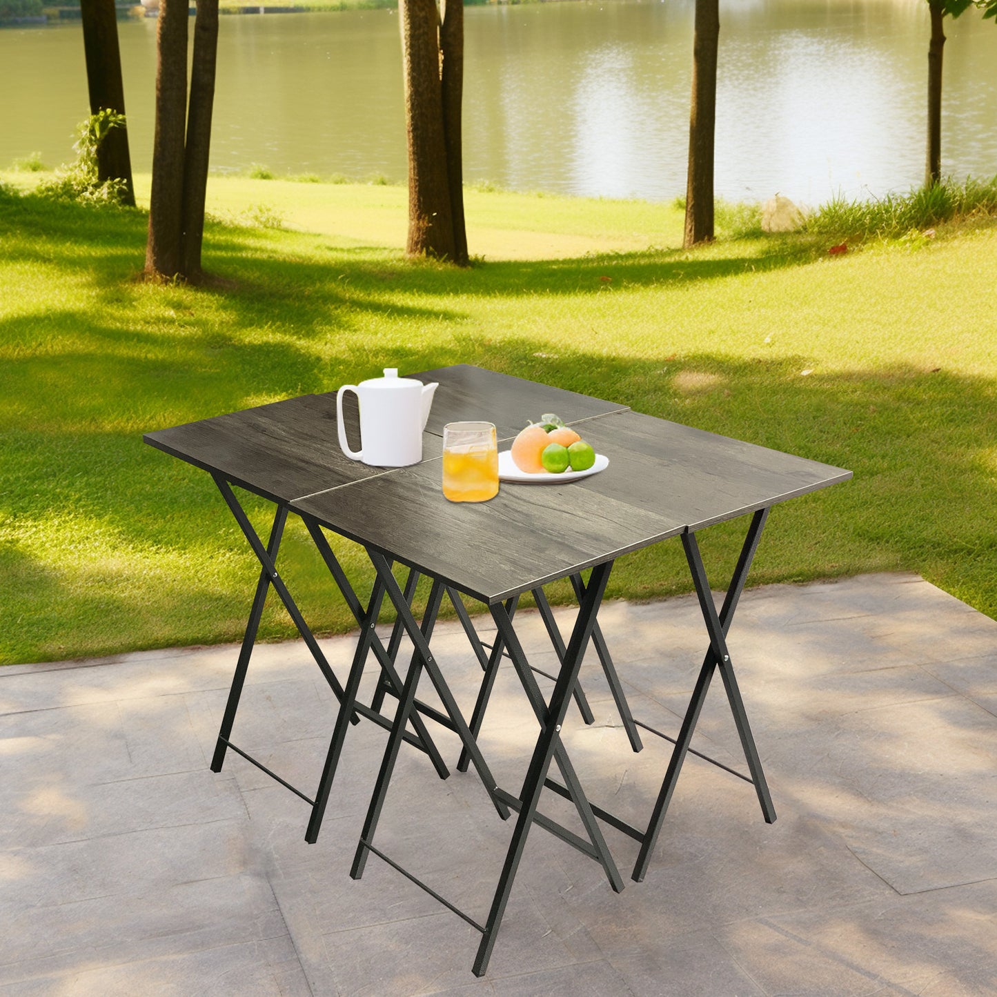 Folding Office Table TV Tray Tables Set of 4 TV Trays with Storage Stand Rack Wood Folding TV Tray Foldable Snack Table for Small Space Rustic Grey