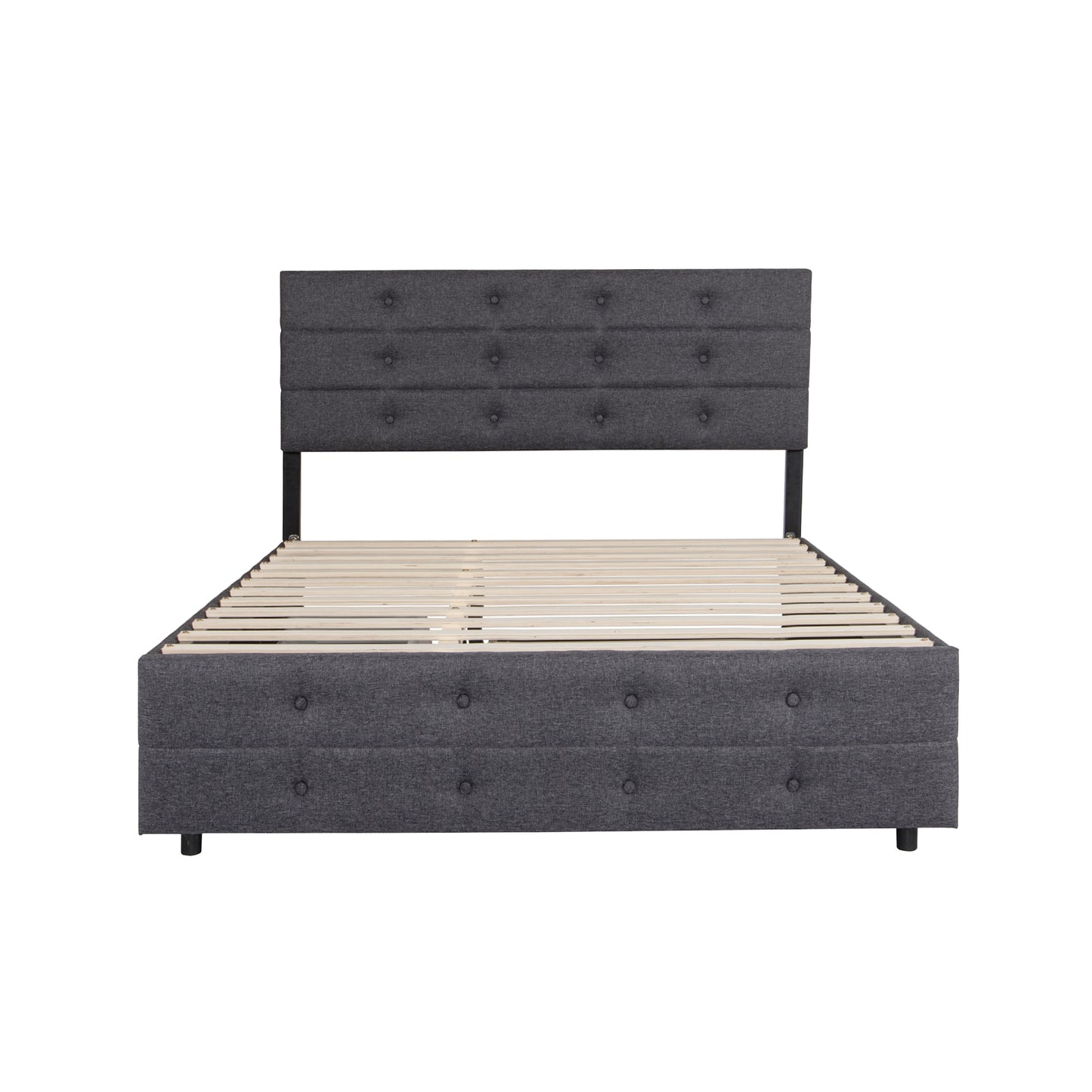 Queen Size Upholstered Linen Fabric Trundle bed with drawers Grey