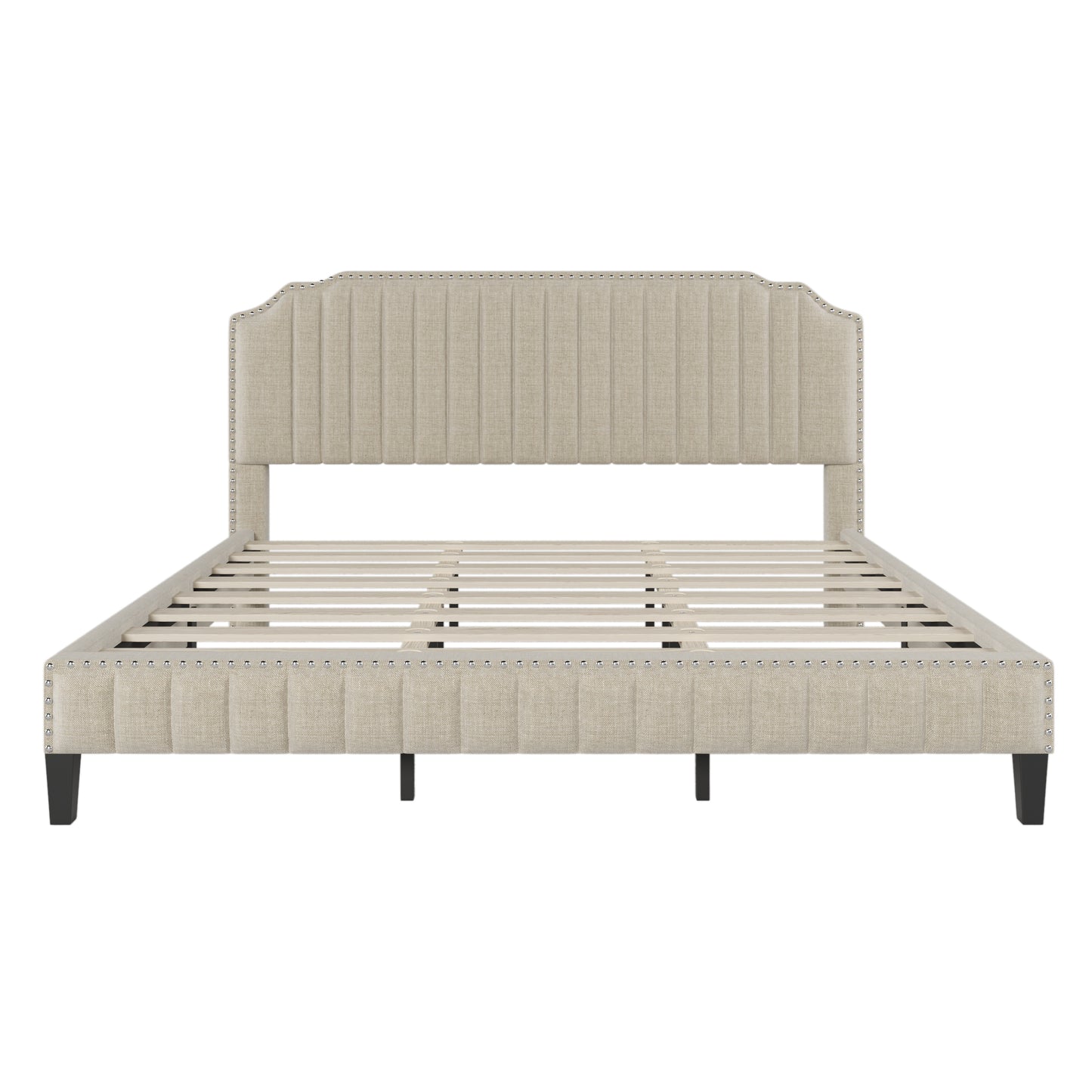 Modern Linen Curved Upholstered Platform Bed , Solid Wood Frame , Nailhead Trim, Beige (King)