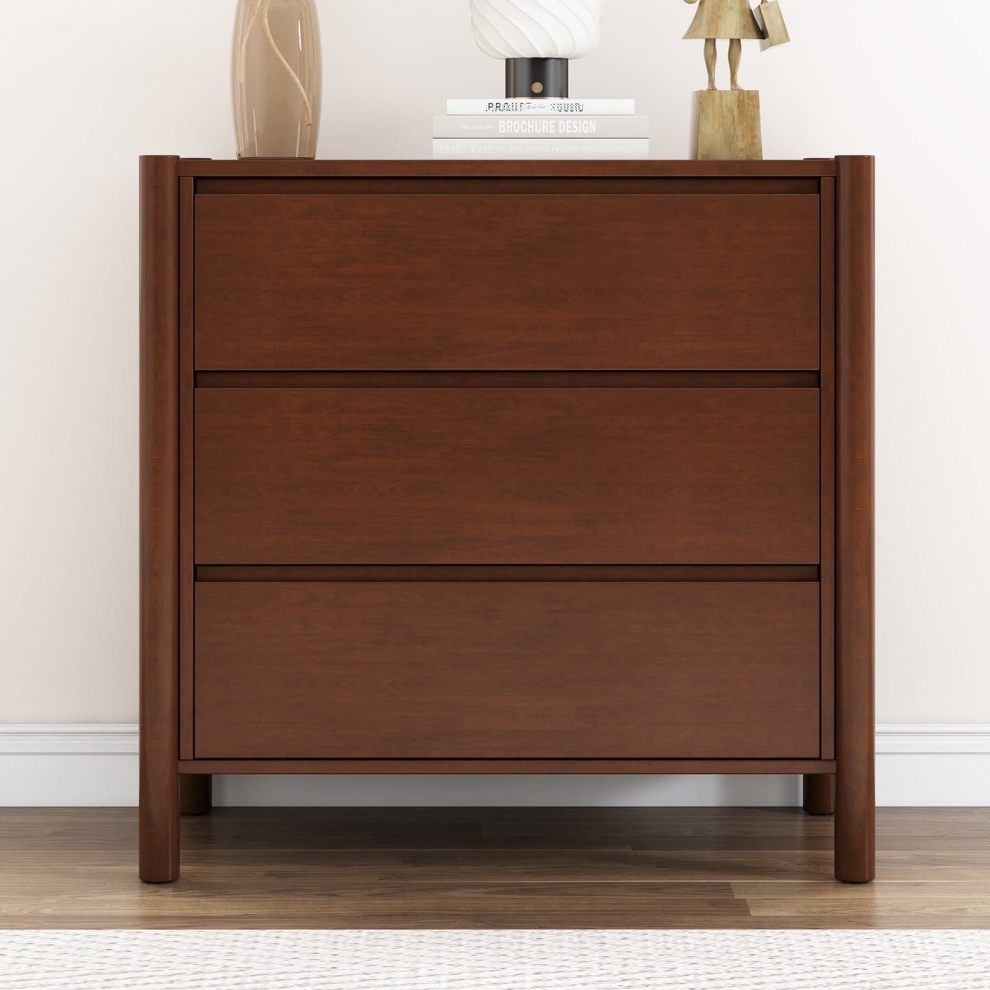 Mid Century Modern Wood 3-Drawer Chest Storage Cabinet Chest of Drawers for Bedroom, Living Room, Rich Walnut