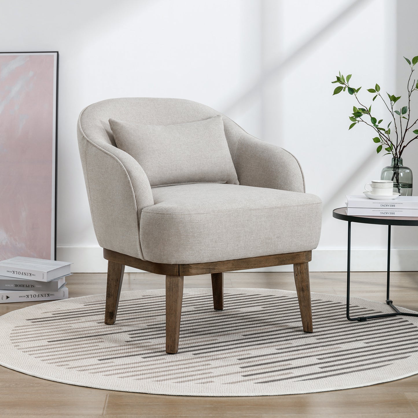Modern Mid-Century Armchair Accent Chair with Pillow and Solid Wood leg, Beige