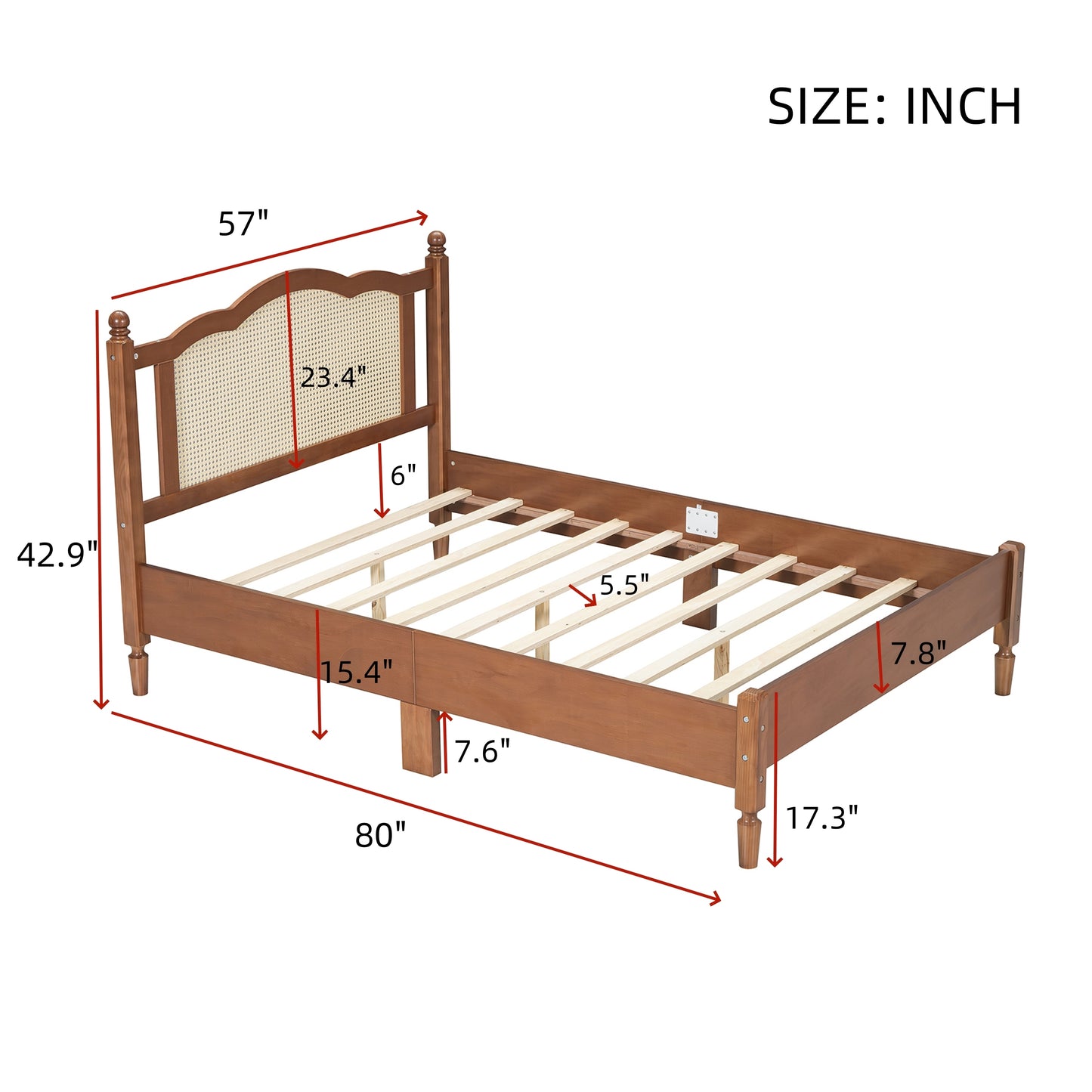 Full Size Wooden Platform Bed with Natural Rattan Headboard, Vintage Bed Frame with Wooden Slat Support, Walnut (Expected Arrival Time: 08.23)